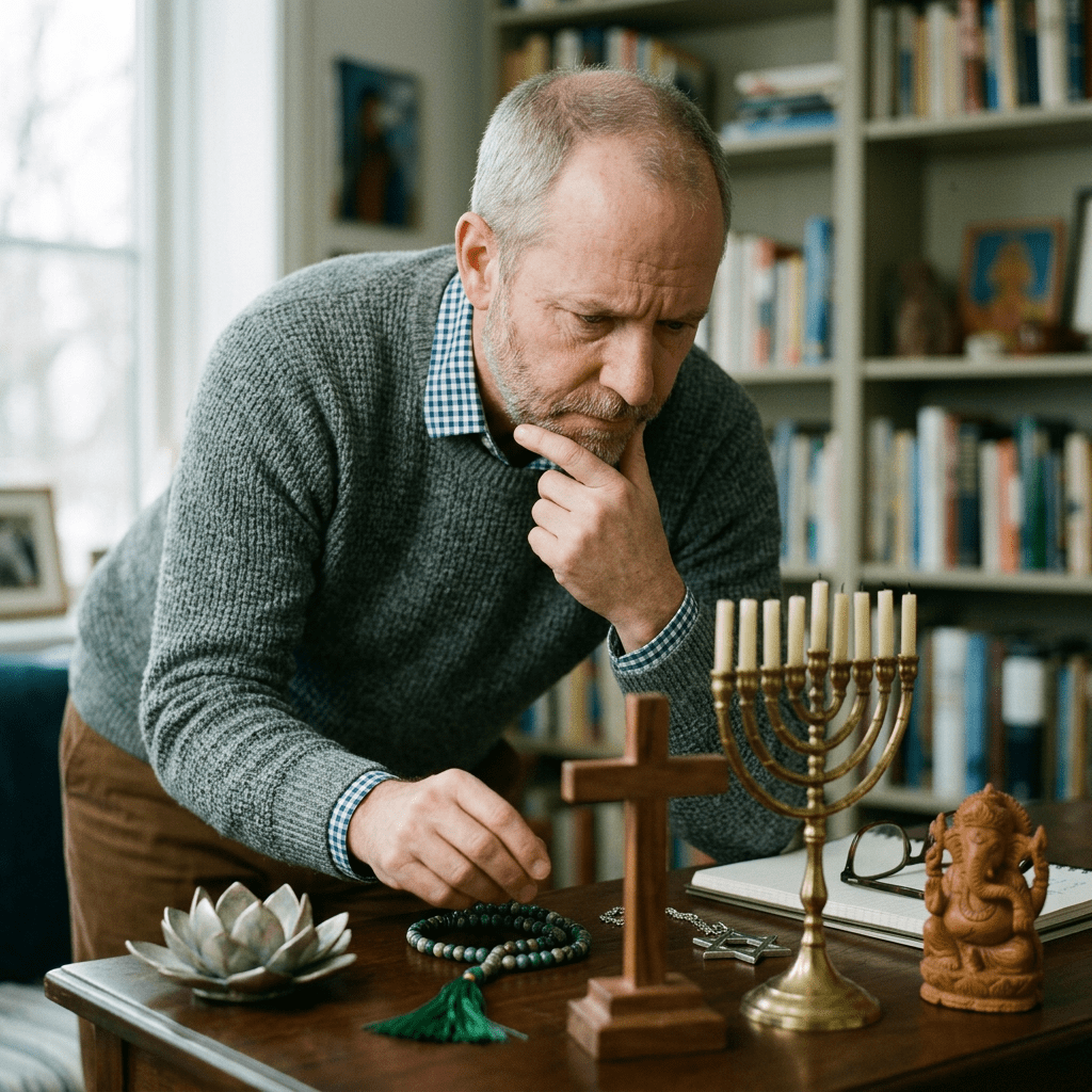 Man looking at a Christian cross, Jewish menorah, Hindu Ganesh statue, prayer beads, and lotus candle holder