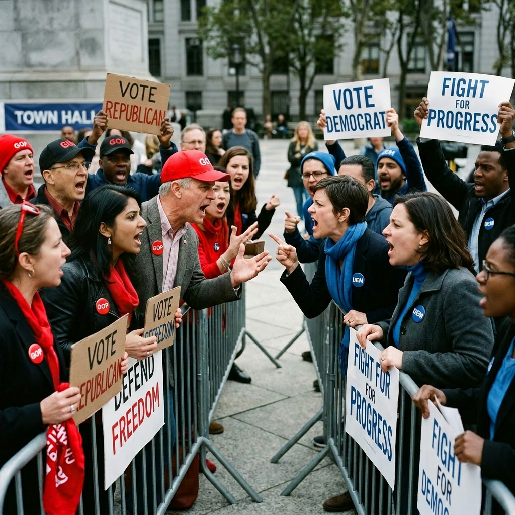 Two groups of people arguing at a political rally holding signs favoring Republican and Democratic parties